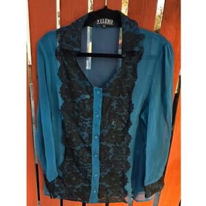 Veleno size large blue & black long sleeve blouse
